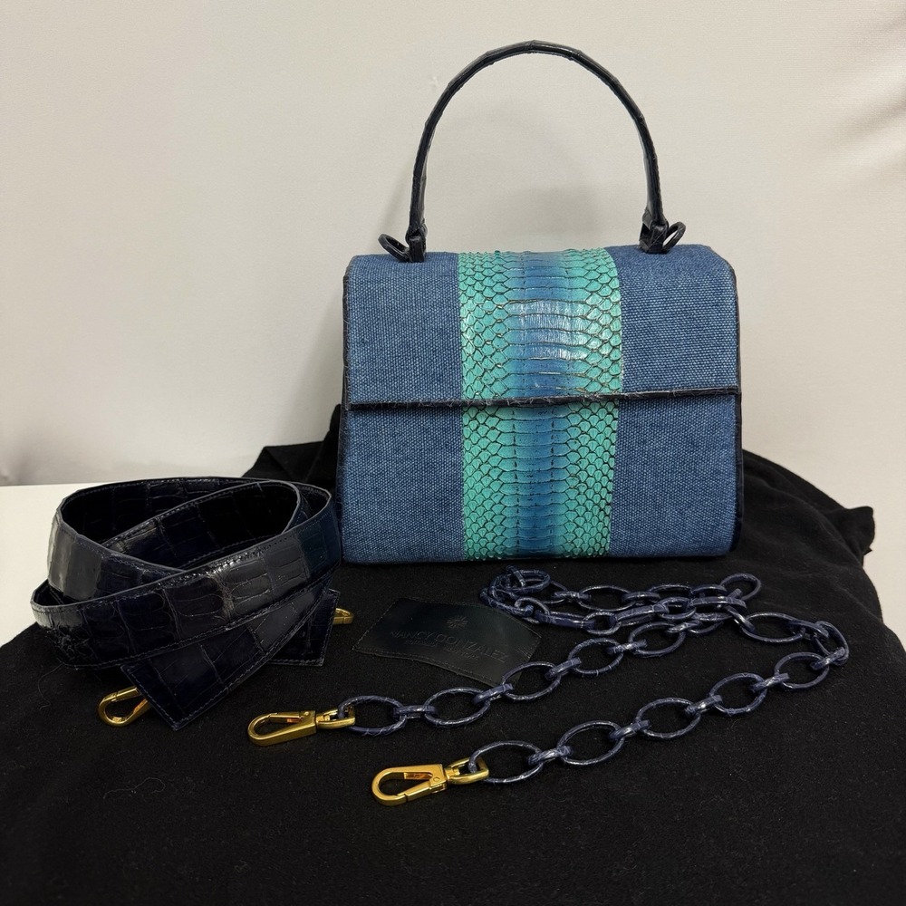 Nancy Gonzalez Crocodile Python Denim Purse Shoulder Bag $1950 Card Dust Sac
